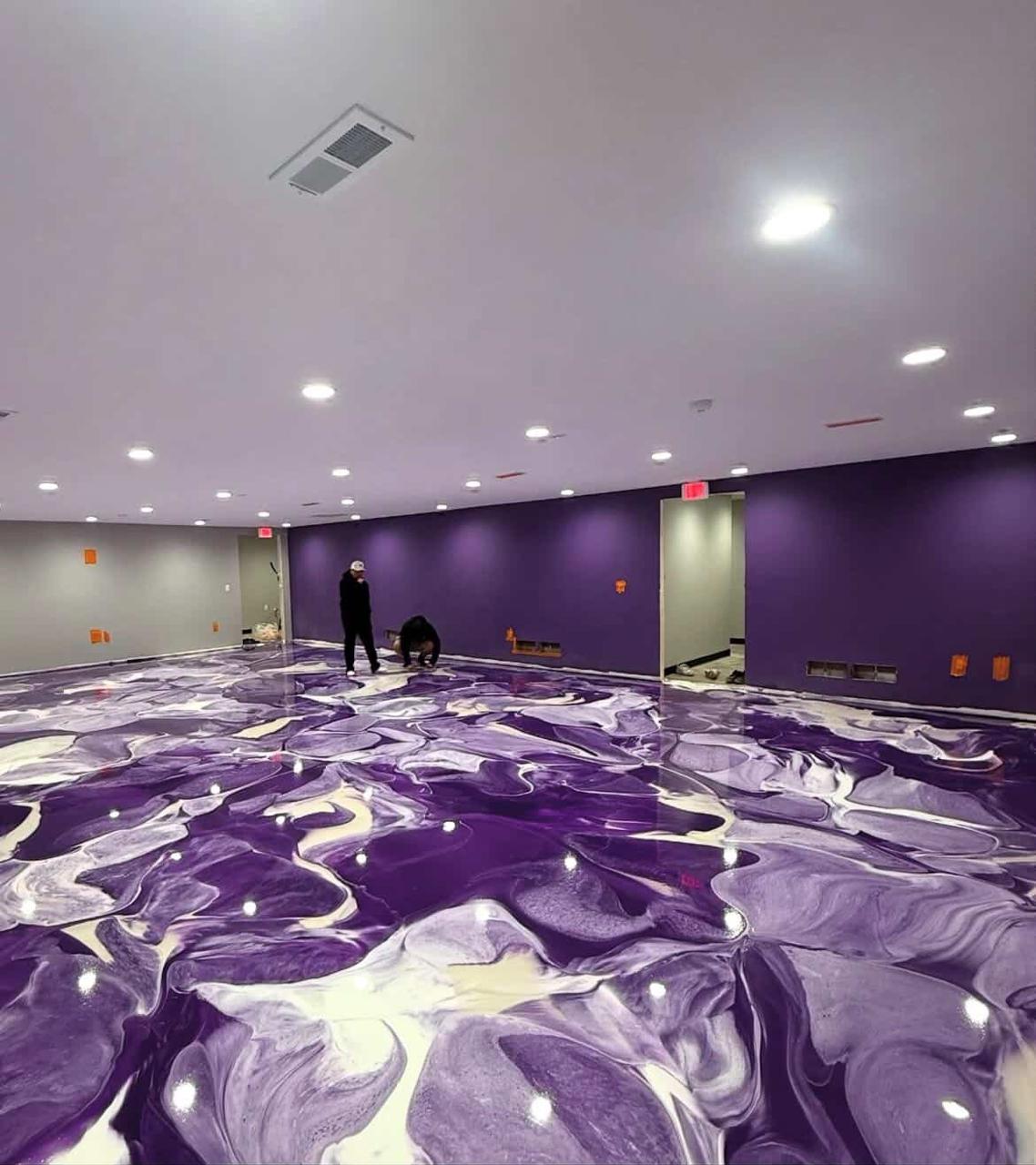 Purple and white metallic epoxy floor in a hall
